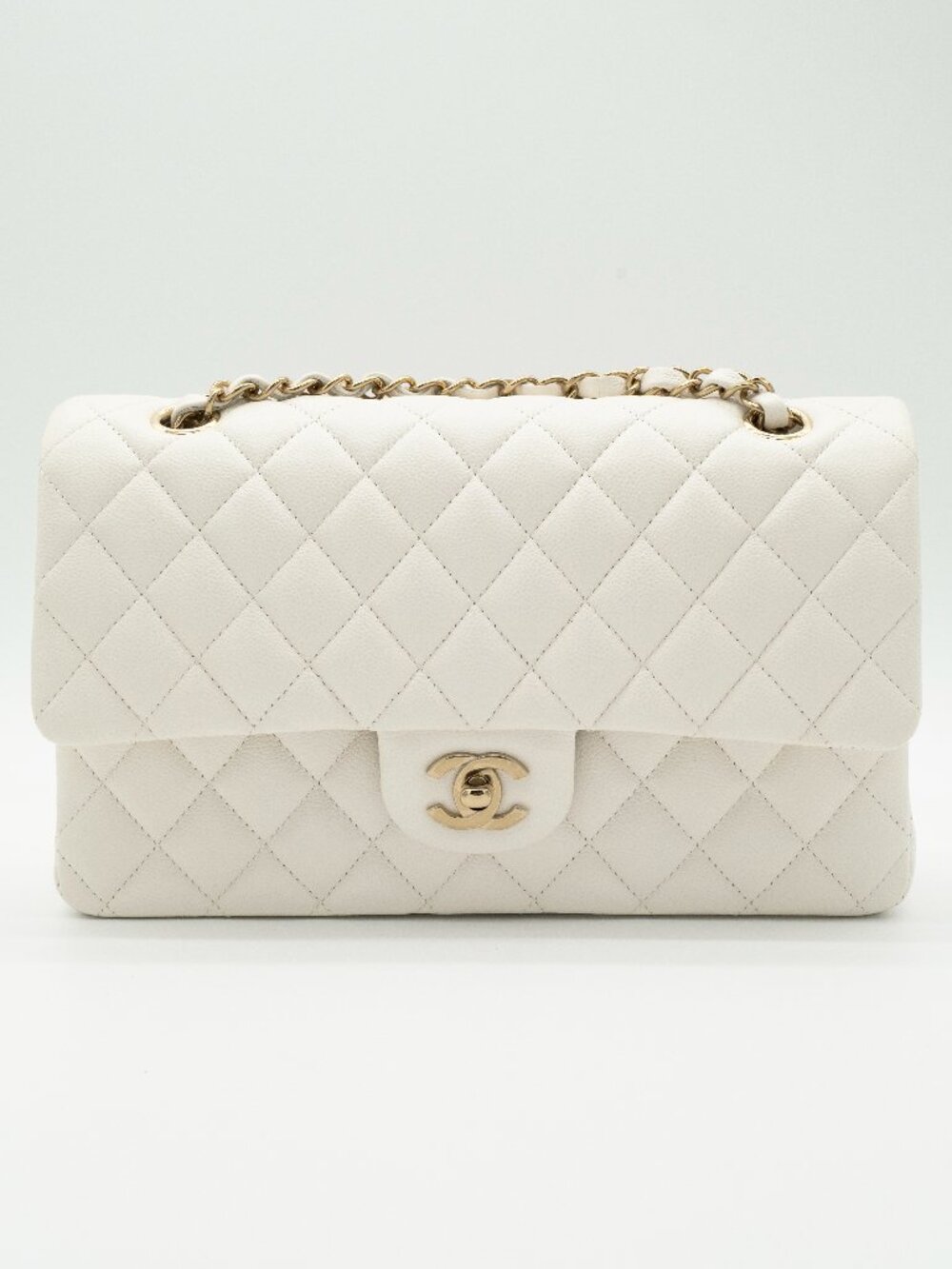 NEW CHANEL Medium Classic Flap White Caviar Quilted Light Gold Hardware Full Set